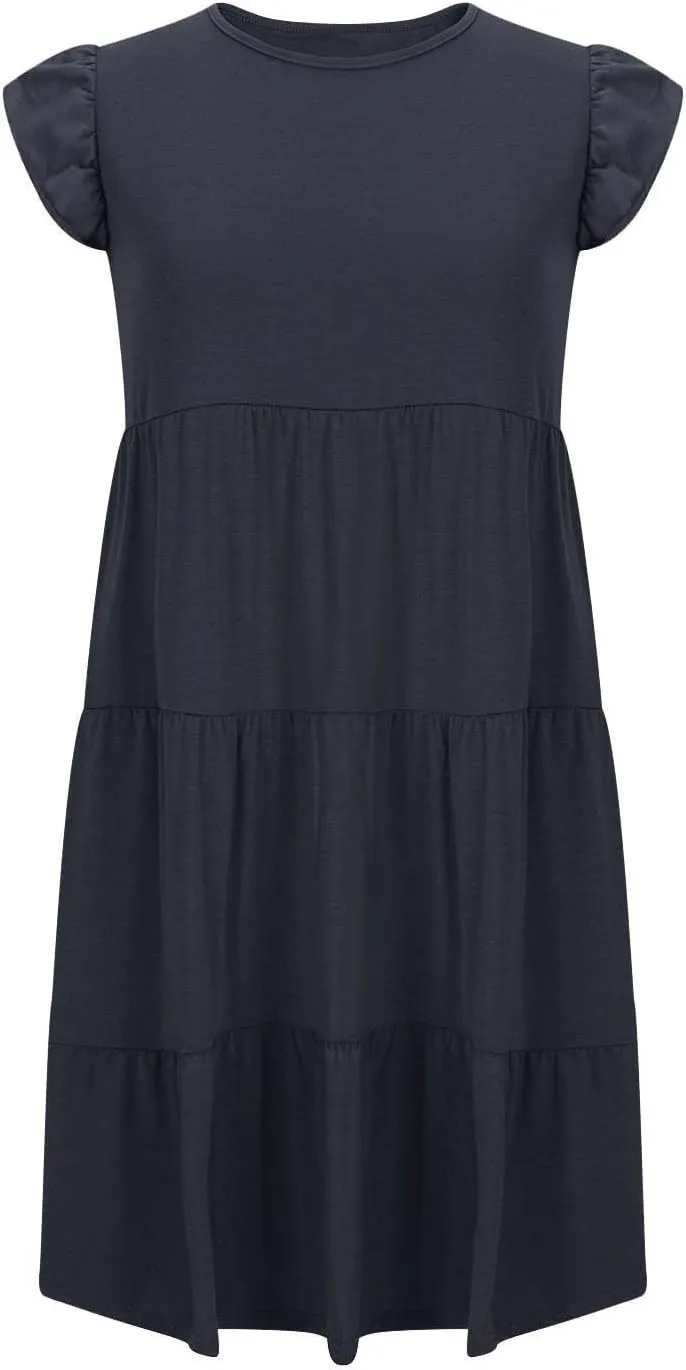 Summer Dresses Flutter Short Sleeve Crew Neck Casual Dresses for Women Flowy Ruffle Tiered Beach Vacation Dress
