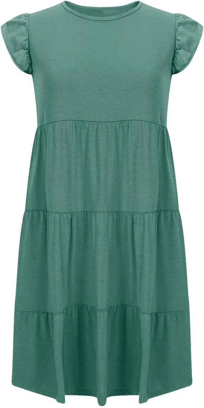 Summer Dresses Flutter Short Sleeve Crew Neck Casual Dresses for Women Flowy Ruffle Tiered Beach Vacation Dress