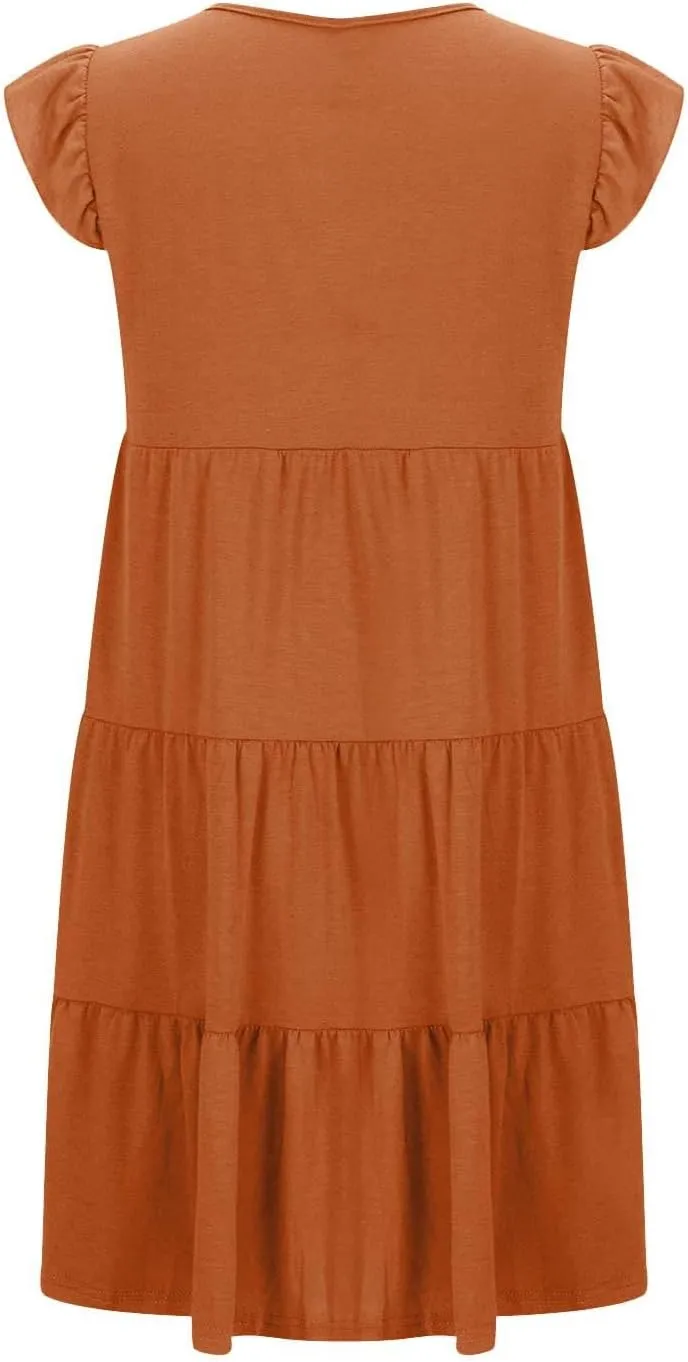 Summer Dresses Flutter Short Sleeve Crew Neck Casual Dresses for Women Flowy Ruffle Tiered Beach Vacation Dress