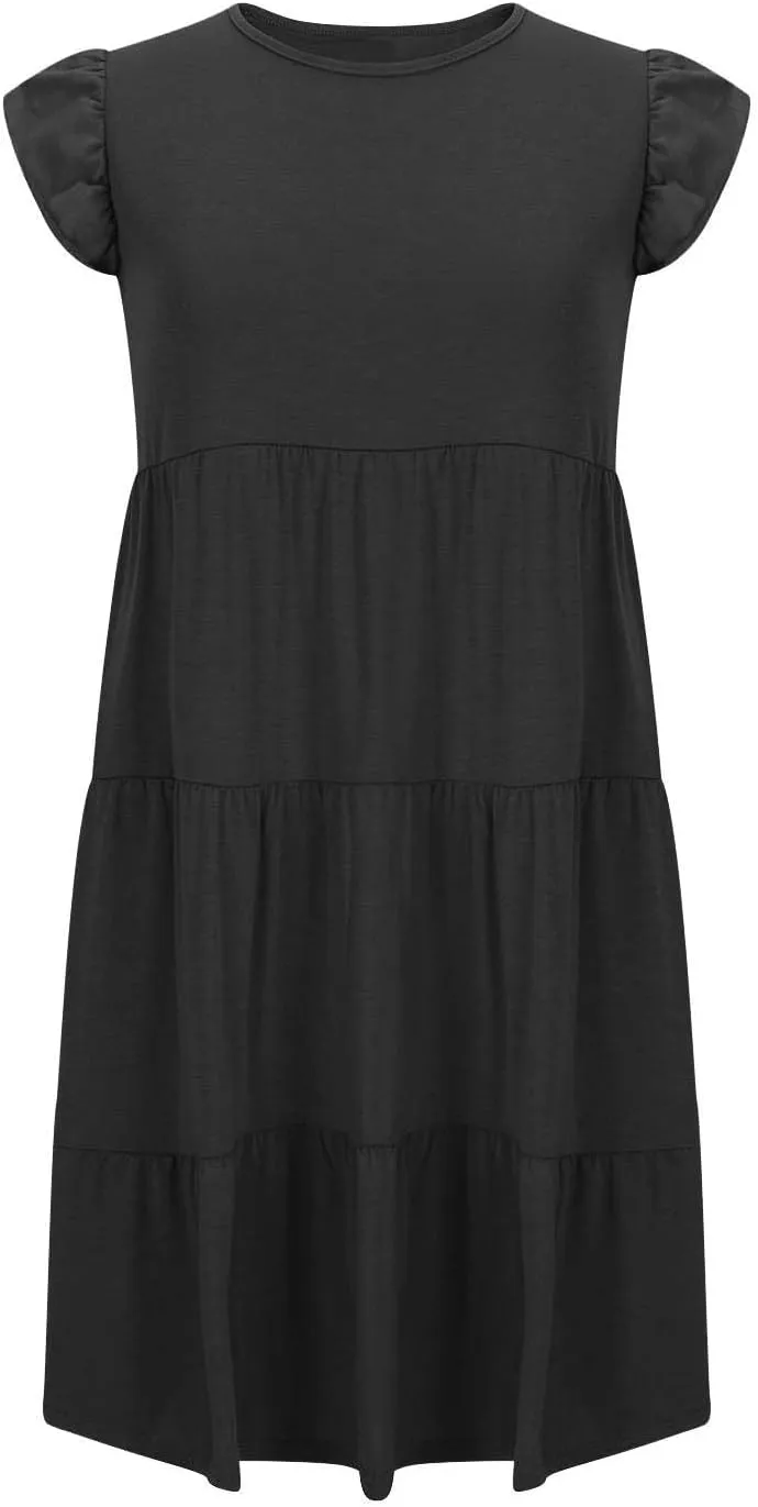Summer Dresses Flutter Short Sleeve Crew Neck Casual Dresses for Women Flowy Ruffle Tiered Beach Vacation Dress