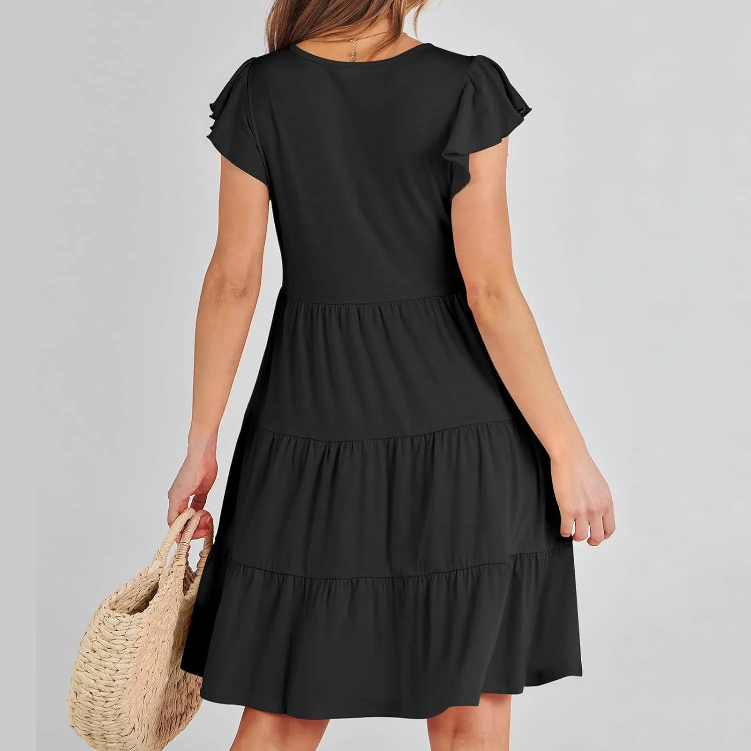 Summer Dresses Flutter Short Sleeve Crew Neck Casual Dresses for Women Flowy Ruffle Tiered Beach Vacation Dress
