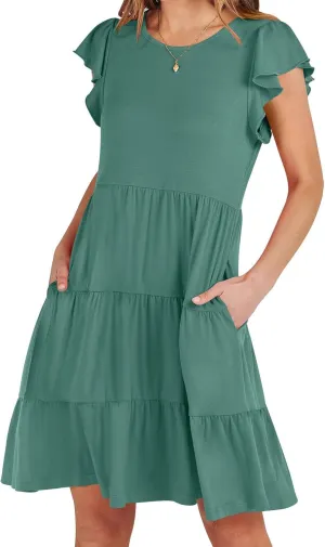 Summer Dresses Flutter Short Sleeve Crew Neck Casual Dresses for Women Flowy Ruffle Tiered Beach Vacation Dress