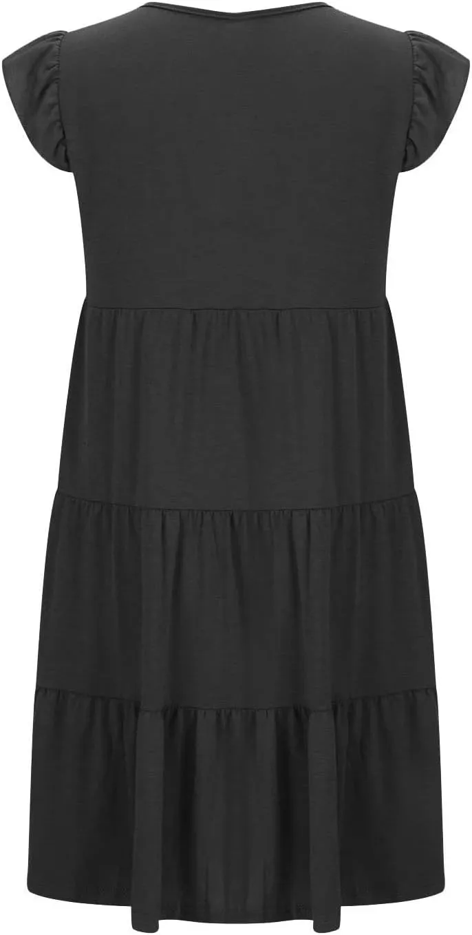 Summer Dresses Flutter Short Sleeve Crew Neck Casual Dresses for Women Flowy Ruffle Tiered Beach Vacation Dress