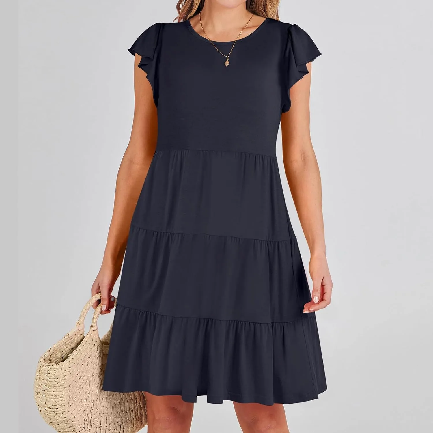 Summer Dresses Flutter Short Sleeve Crew Neck Casual Dresses for Women Flowy Ruffle Tiered Beach Vacation Dress