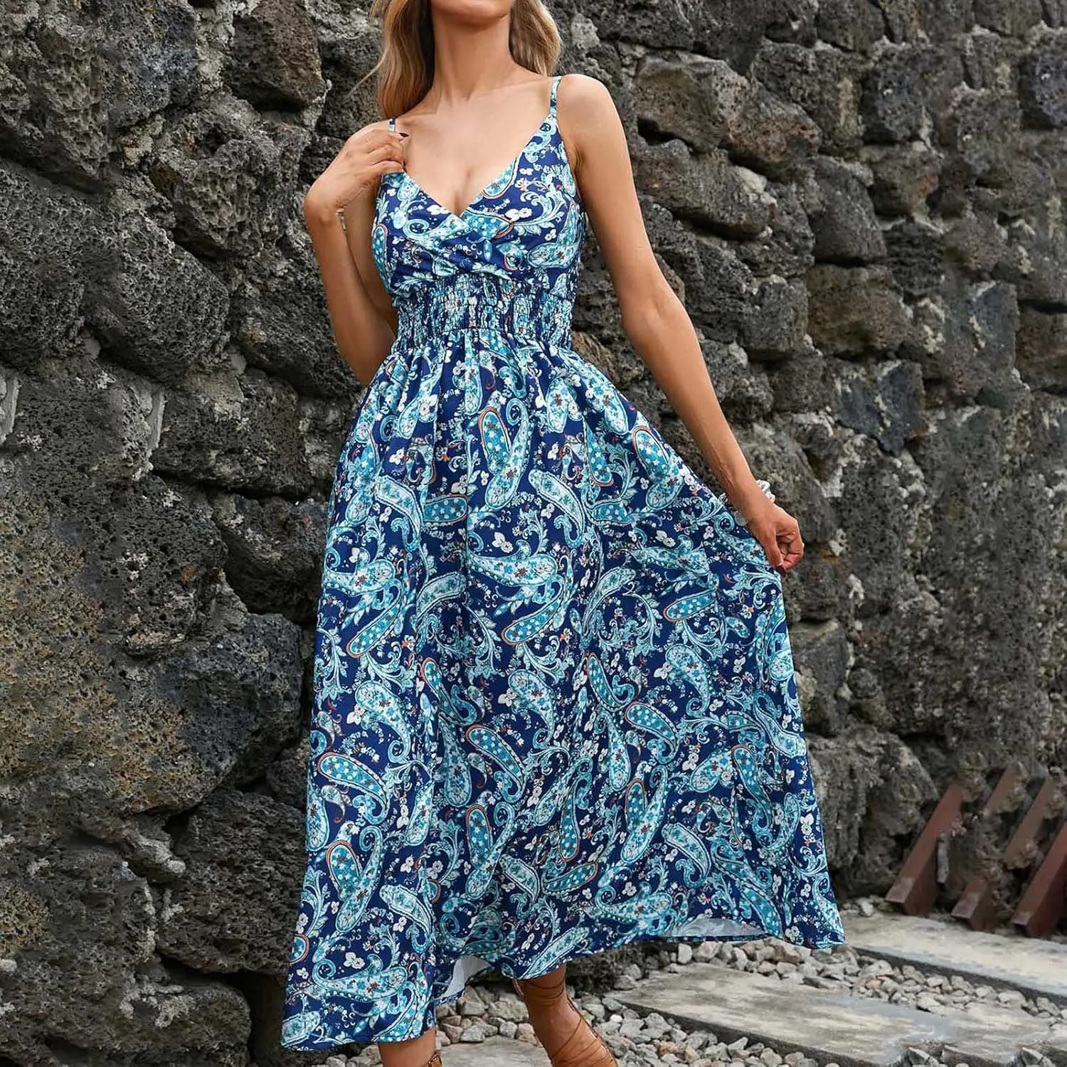 Summer Dresses for Women 2024 Floral Bohemian Spaghetti Strap Sleeveless V Neck Flowy Maxi Sun dresses Travel Clothes