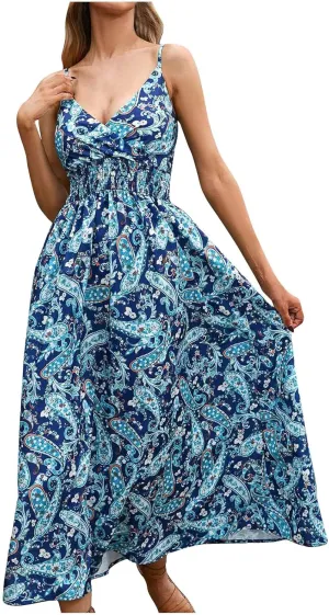 Summer Dresses for Women 2024 Floral Bohemian Spaghetti Strap Sleeveless V Neck Flowy Maxi Sun dresses Travel Clothes