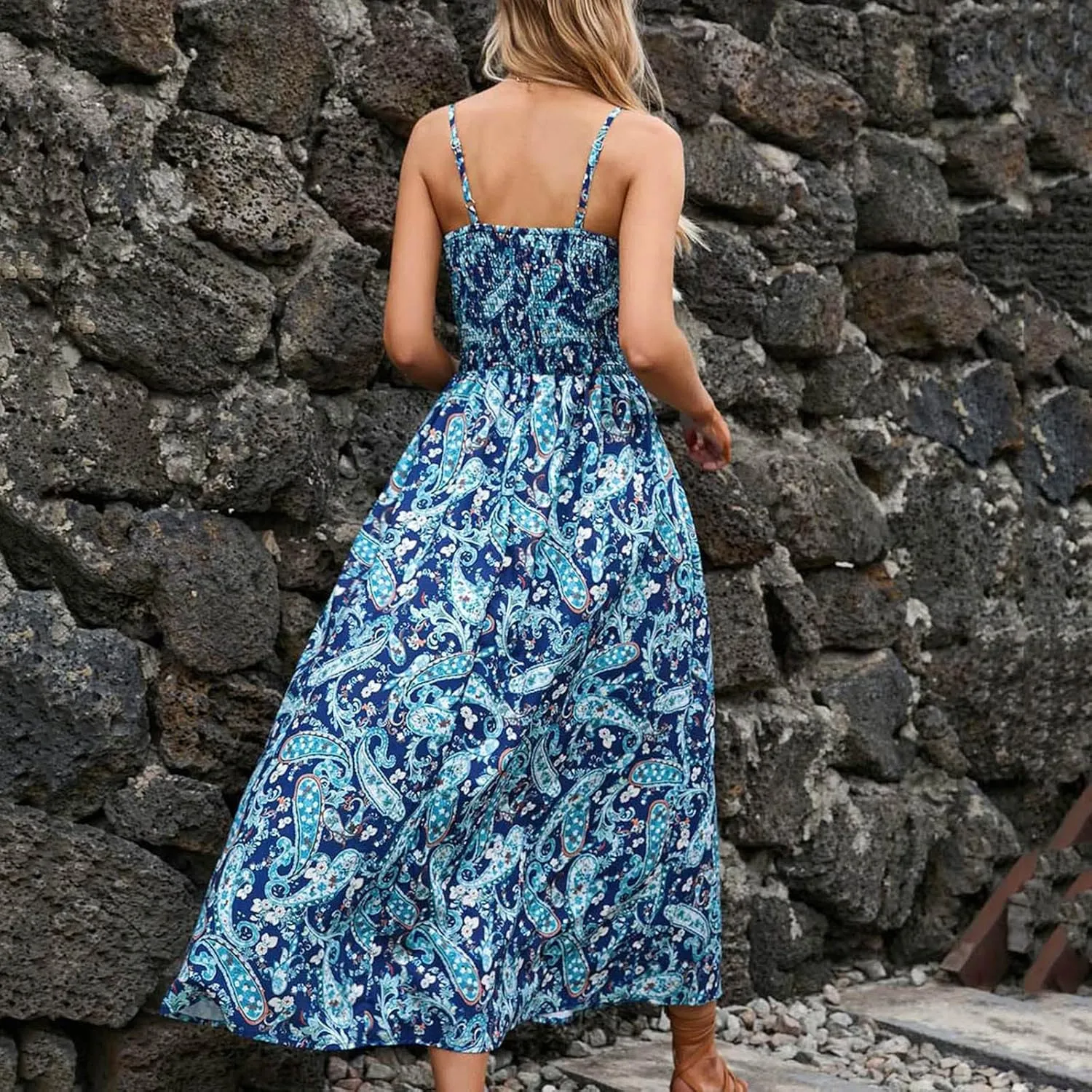 Summer Dresses for Women 2024 Floral Bohemian Spaghetti Strap Sleeveless V Neck Flowy Maxi Sun dresses Travel Clothes