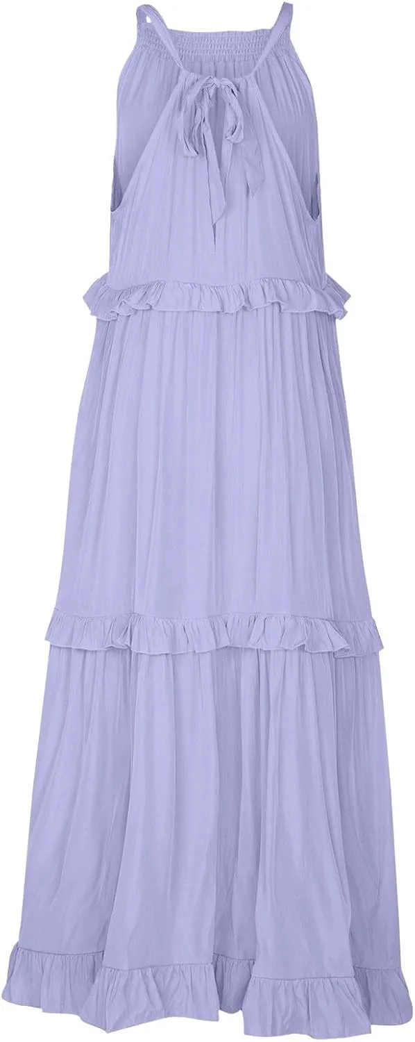Summer Dresses for Women 2024 Halter Tie Back Ruffle Tiered Flowy Swing Dress Sleeveless Party Maxi Dress Sundress