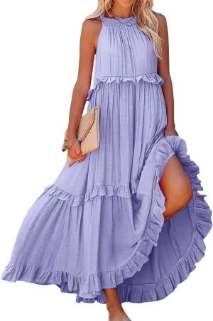 Summer Dresses for Women 2024 Halter Tie Back Ruffle Tiered Flowy Swing Dress Sleeveless Party Maxi Dress Sundress