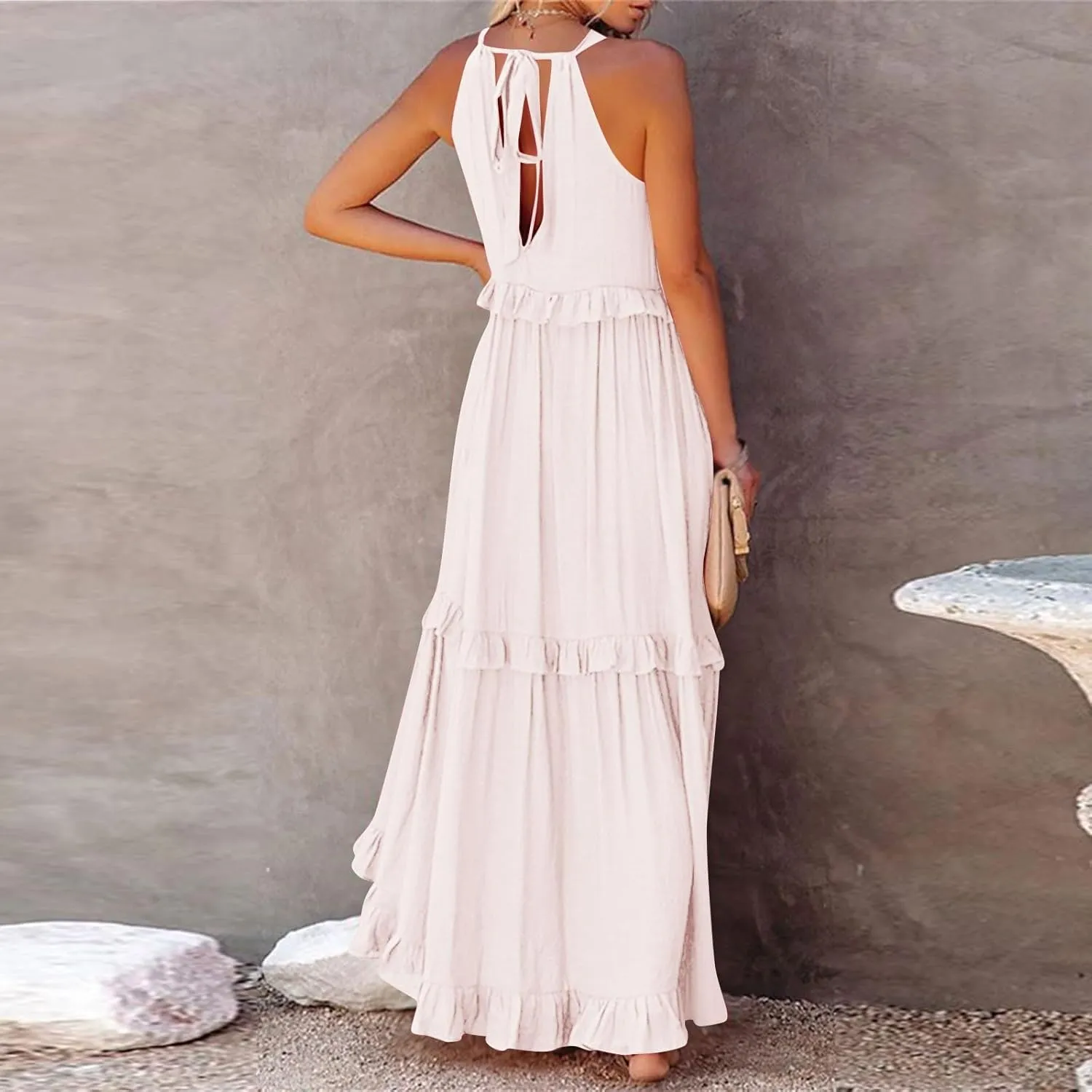 Summer Dresses for Women 2024 Halter Tie Back Ruffle Tiered Flowy Swing Dress Sleeveless Party Maxi Dress Sundress