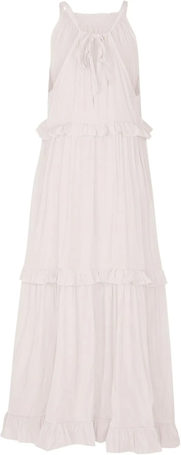 Summer Dresses for Women 2024 Halter Tie Back Ruffle Tiered Flowy Swing Dress Sleeveless Party Maxi Dress Sundress