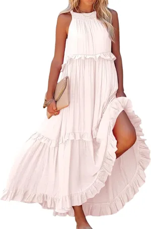 Summer Dresses for Women 2024 Halter Tie Back Ruffle Tiered Flowy Swing Dress Sleeveless Party Maxi Dress Sundress