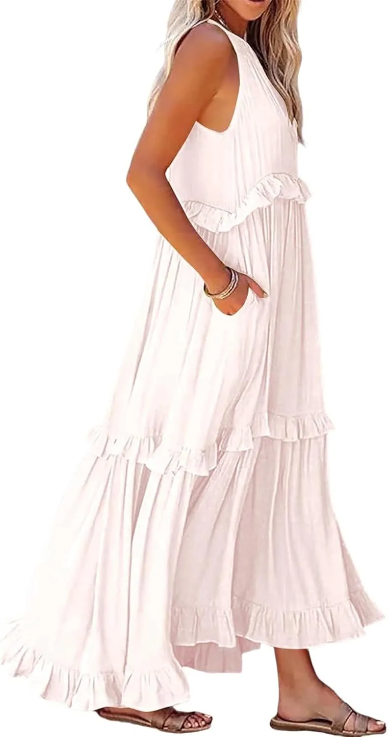 Summer Dresses for Women 2024 Halter Tie Back Ruffle Tiered Flowy Swing Dress Sleeveless Party Maxi Dress Sundress