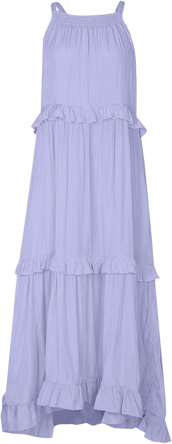 Summer Dresses for Women 2024 Halter Tie Back Ruffle Tiered Flowy Swing Dress Sleeveless Party Maxi Dress Sundress