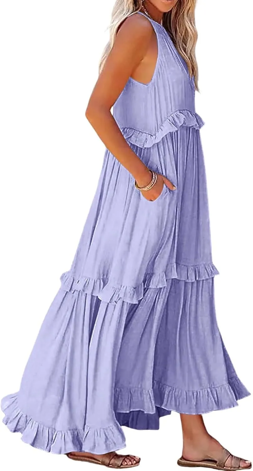 Summer Dresses for Women 2024 Halter Tie Back Ruffle Tiered Flowy Swing Dress Sleeveless Party Maxi Dress Sundress