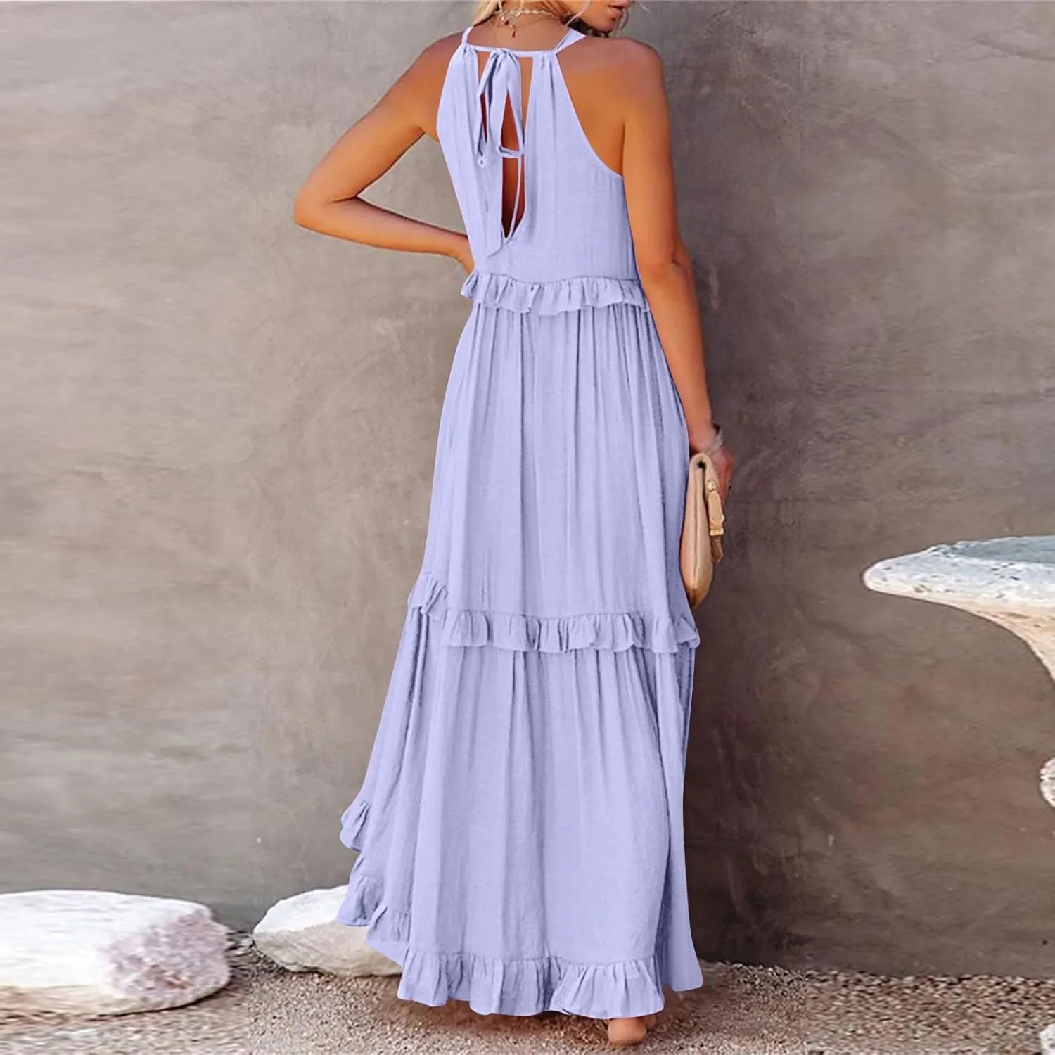 Summer Dresses for Women 2024 Halter Tie Back Ruffle Tiered Flowy Swing Dress Sleeveless Party Maxi Dress Sundress