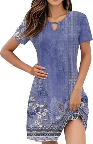 Summer Dresses for Women 2025 Casual Beach Mini Dress Loose Short Sleeve T Shirt Dress Floral Flowy A-Line Dresses