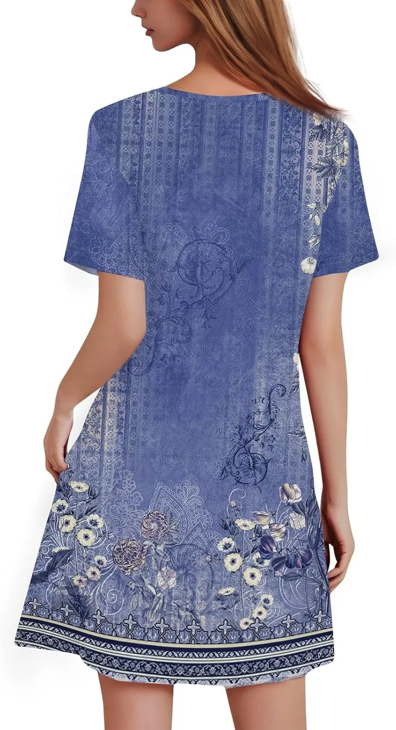 Summer Dresses for Women 2025 Casual Beach Mini Dress Loose Short Sleeve T Shirt Dress Floral Flowy A-Line Dresses