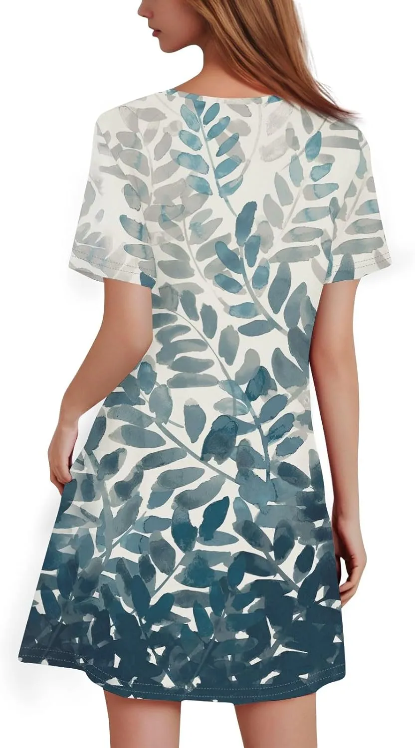 Summer Dresses for Women 2025 Casual Beach Mini Dress Loose Short Sleeve T Shirt Dress Floral Flowy A-Line Dresses