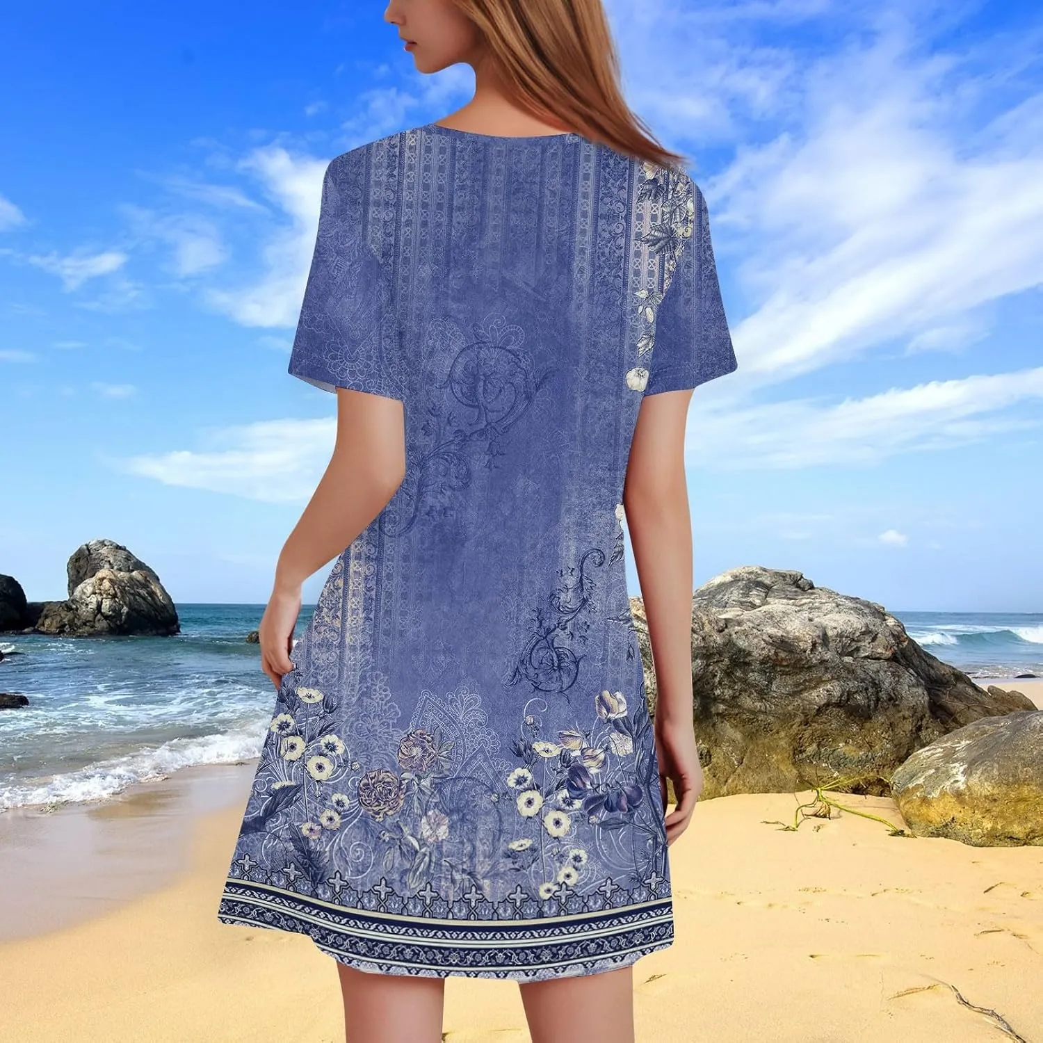 Summer Dresses for Women 2025 Casual Beach Mini Dress Loose Short Sleeve T Shirt Dress Floral Flowy A-Line Dresses