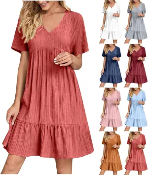 Summer Dresses for Women 2025 Casual V-Neck Short Sleeve Womens Dresses Fashion Swing Flowy Tiered Ruffle Beach Dress