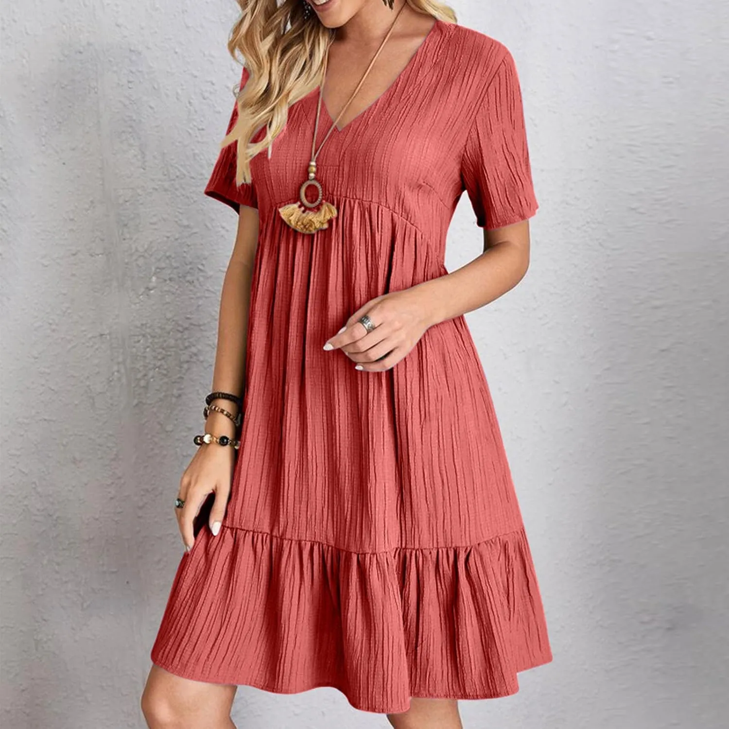 Summer Dresses for Women 2025 Casual V-Neck Short Sleeve Womens Dresses Fashion Swing Flowy Tiered Ruffle Beach Dress