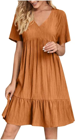 Summer Dresses for Women 2025 Casual V-Neck Short Sleeve Womens Dresses Fashion Swing Flowy Tiered Ruffle Beach Dress