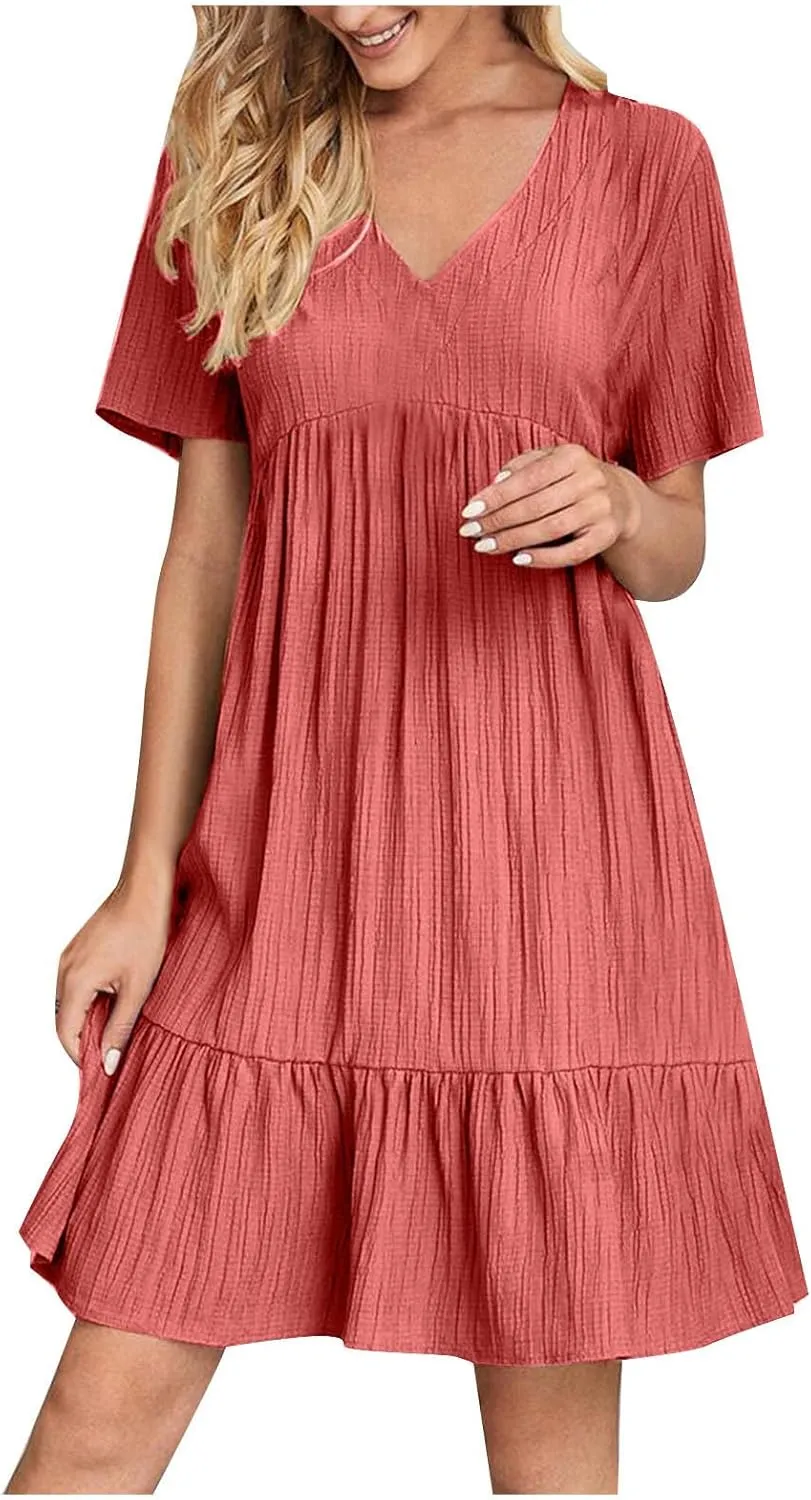 Summer Dresses for Women 2025 Casual V-Neck Short Sleeve Womens Dresses Fashion Swing Flowy Tiered Ruffle Beach Dress
