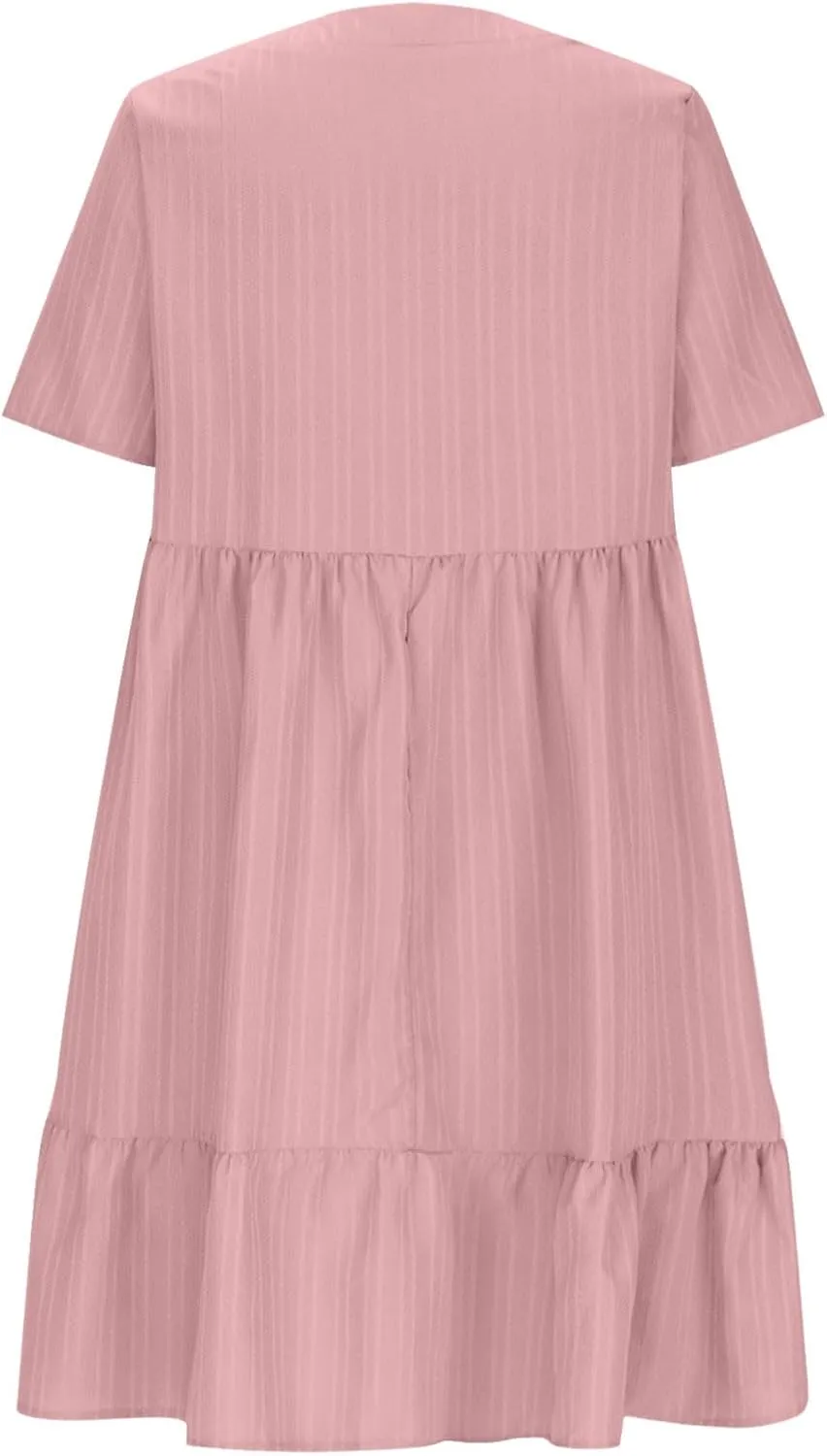 Summer Dresses for Women 2025 Casual V-Neck Short Sleeve Womens Dresses Fashion Swing Flowy Tiered Ruffle Beach Dress