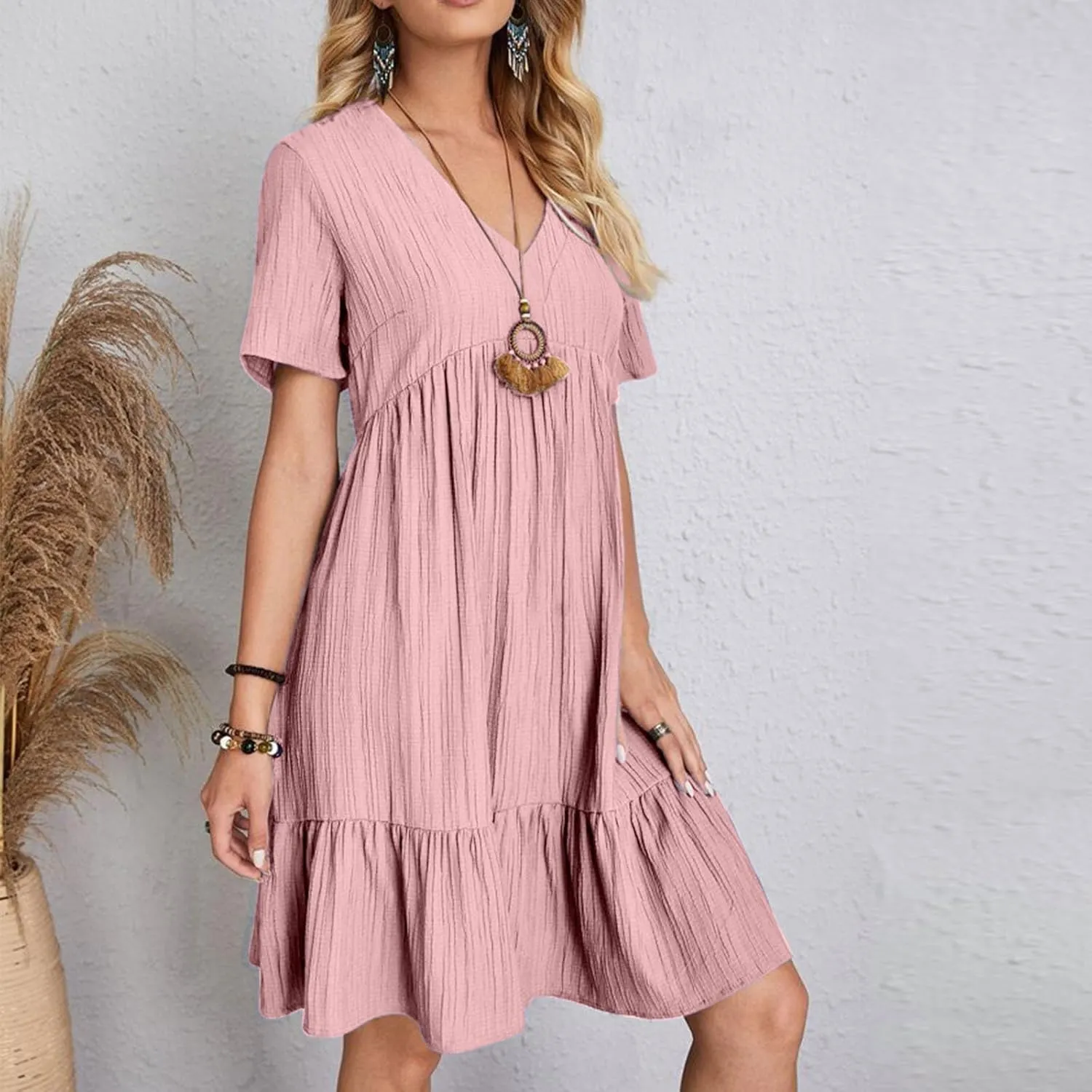 Summer Dresses for Women 2025 Casual V-Neck Short Sleeve Womens Dresses Fashion Swing Flowy Tiered Ruffle Beach Dress