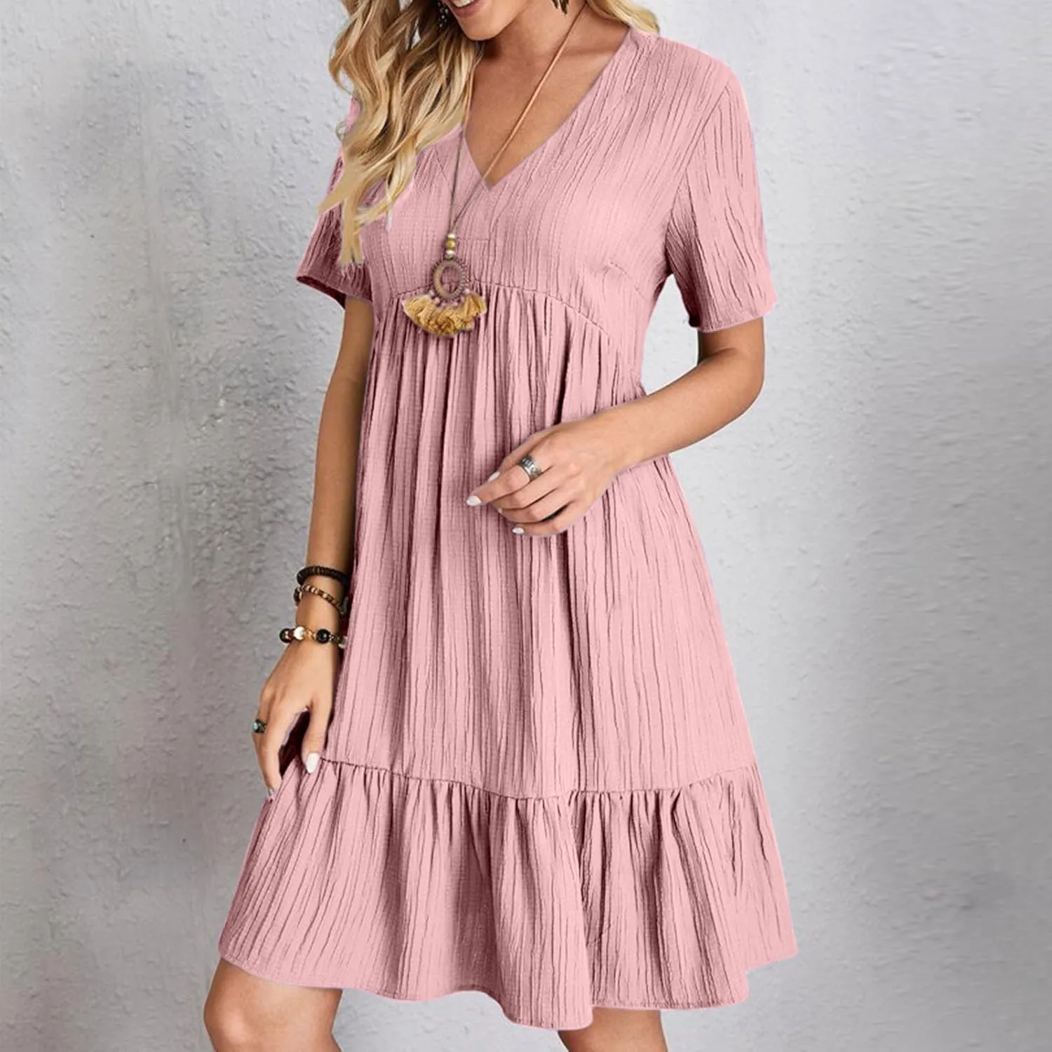 Summer Dresses for Women 2025 Casual V-Neck Short Sleeve Womens Dresses Fashion Swing Flowy Tiered Ruffle Beach Dress
