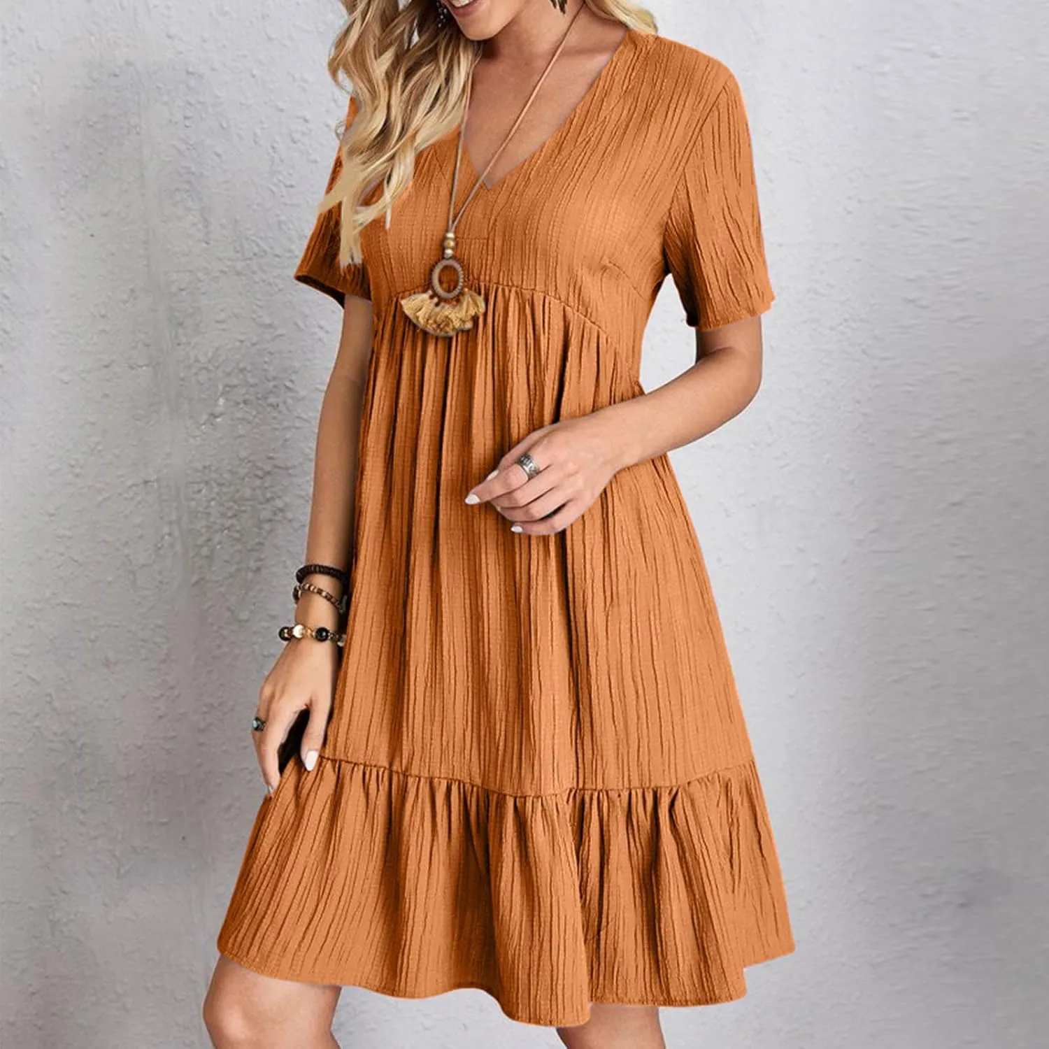 Summer Dresses for Women 2025 Casual V-Neck Short Sleeve Womens Dresses Fashion Swing Flowy Tiered Ruffle Beach Dress