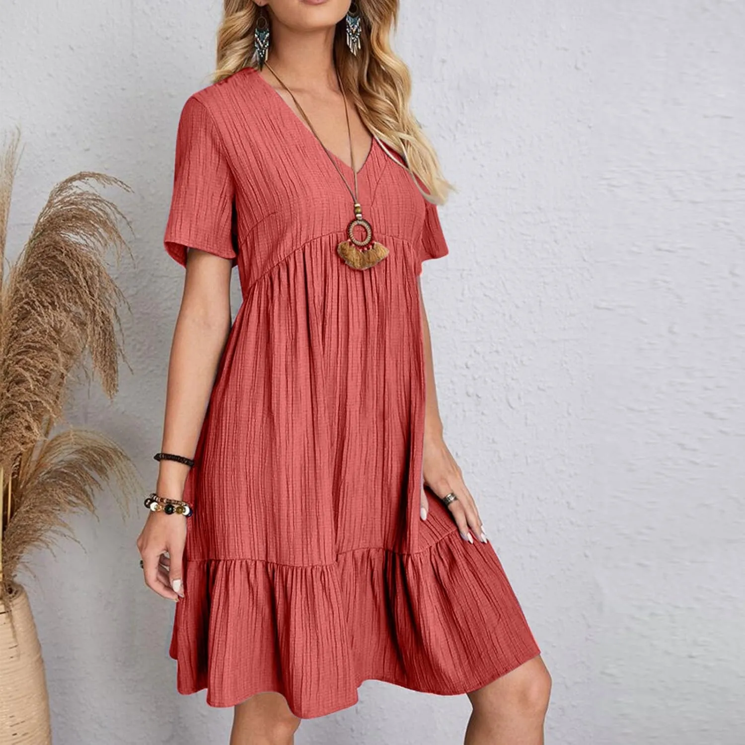 Summer Dresses for Women 2025 Casual V-Neck Short Sleeve Womens Dresses Fashion Swing Flowy Tiered Ruffle Beach Dress