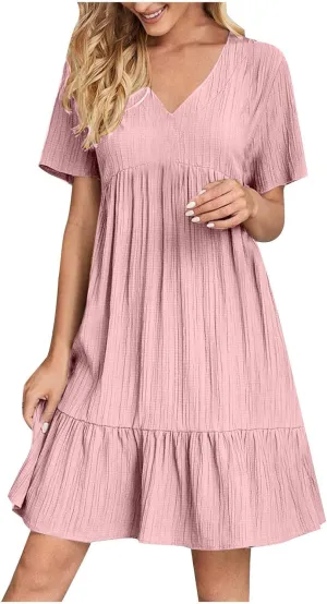 Summer Dresses for Women 2025 Casual V-Neck Short Sleeve Womens Dresses Fashion Swing Flowy Tiered Ruffle Beach Dress
