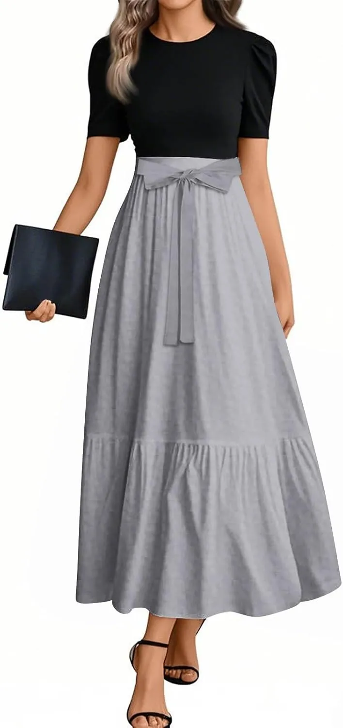 Summer Dresses for Women 2025 Floral Print Wrap Short Sleeve Maxi Dress Patchwork Ruffle Hem A Line Dress