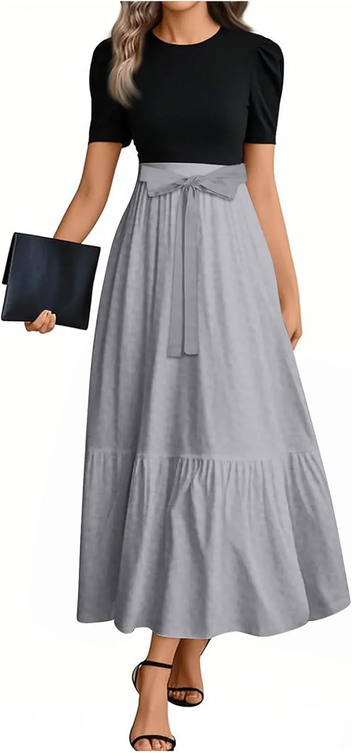 Summer Dresses for Women 2025 Floral Print Wrap Short Sleeve Maxi Dress Patchwork Ruffle Hem A Line Dress