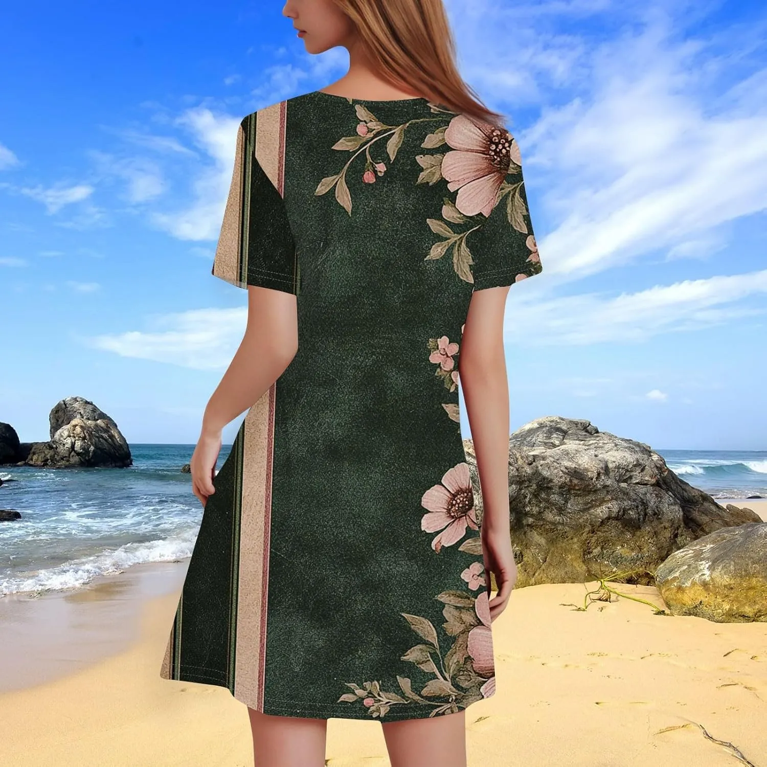 Summer Dresses for Women 2025 Flowy Beach Mini Dress Casual Short Sleeve T Shirt Dress Floral Loose A-Line Dresses