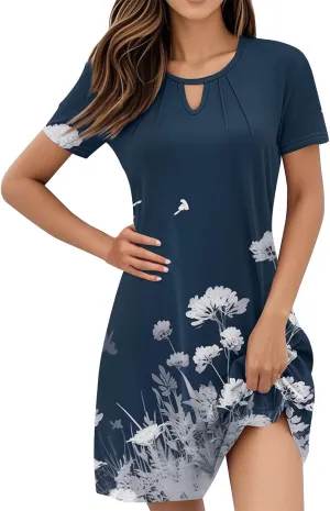 Summer Dresses for Women 2025 Flowy Beach Mini Dress Casual Short Sleeve T Shirt Dress Floral Loose A-Line Dresses