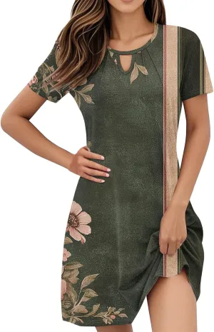 Summer Dresses for Women 2025 Flowy Beach Mini Dress Casual Short Sleeve T Shirt Dress Floral Loose A-Line Dresses