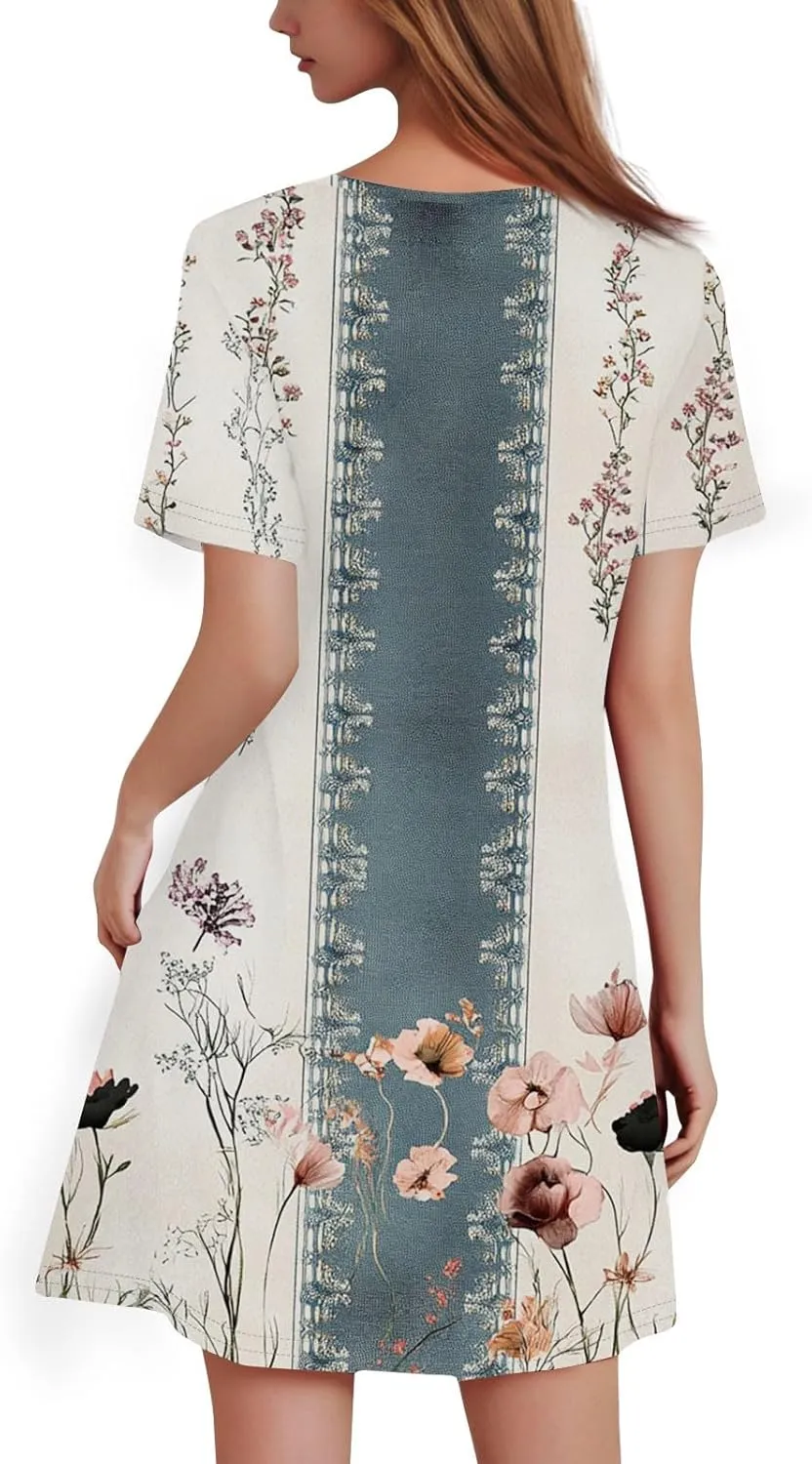 Summer Dresses for Women 2025 Flowy Beach Mini Dress Casual Short Sleeve T Shirt Dress Floral Loose A-Line Dresses