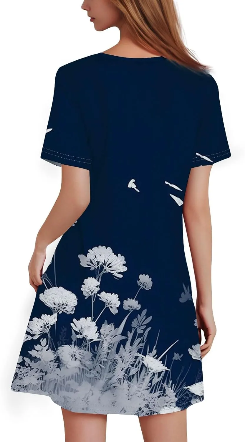 Summer Dresses for Women 2025 Flowy Beach Mini Dress Casual Short Sleeve T Shirt Dress Floral Loose A-Line Dresses