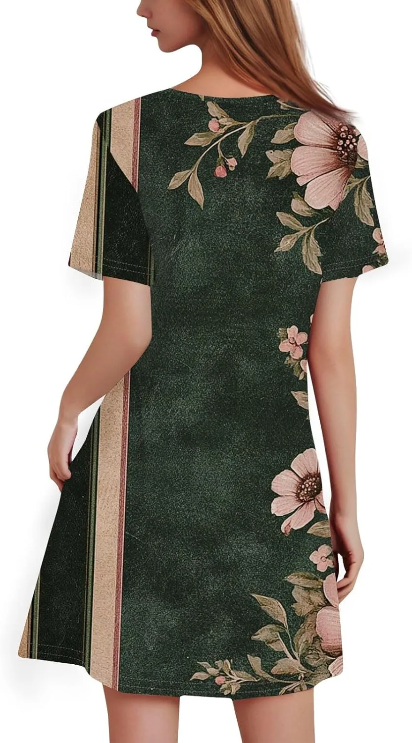 Summer Dresses for Women 2025 Flowy Beach Mini Dress Casual Short Sleeve T Shirt Dress Floral Loose A-Line Dresses