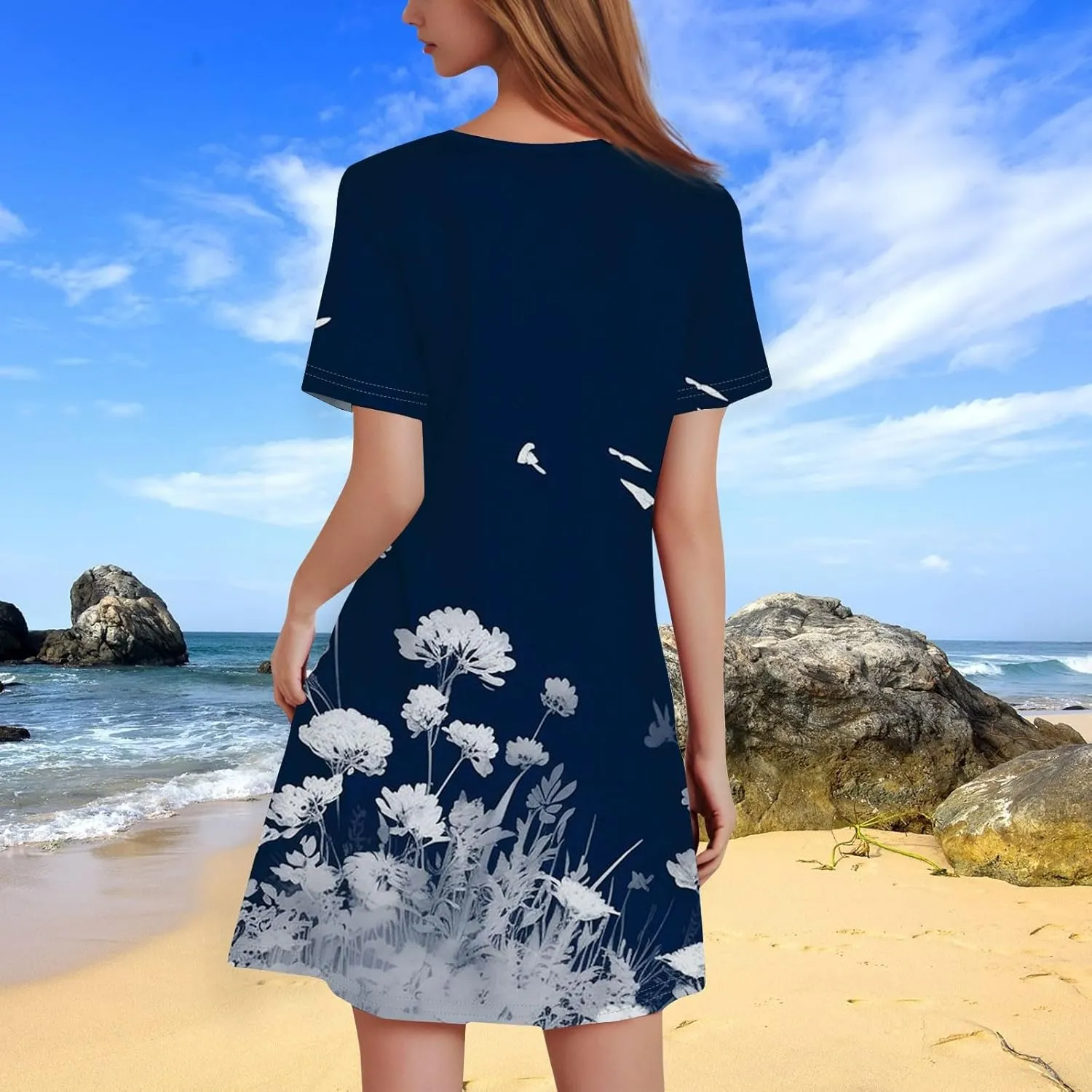 Summer Dresses for Women 2025 Flowy Beach Mini Dress Casual Short Sleeve T Shirt Dress Floral Loose A-Line Dresses