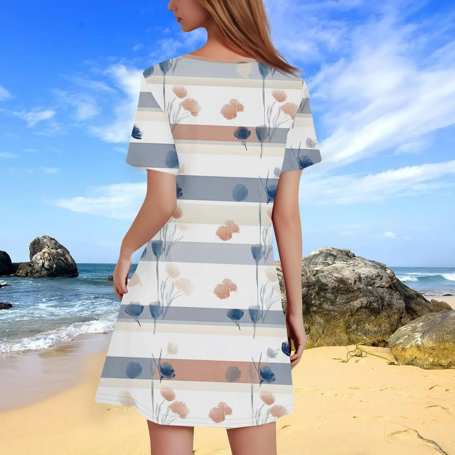 Summer Dresses for Women 2025 Flowy Beach Mini Dress Casual Short Sleeve T Shirt Dress Floral Loose A-Line Dresses
