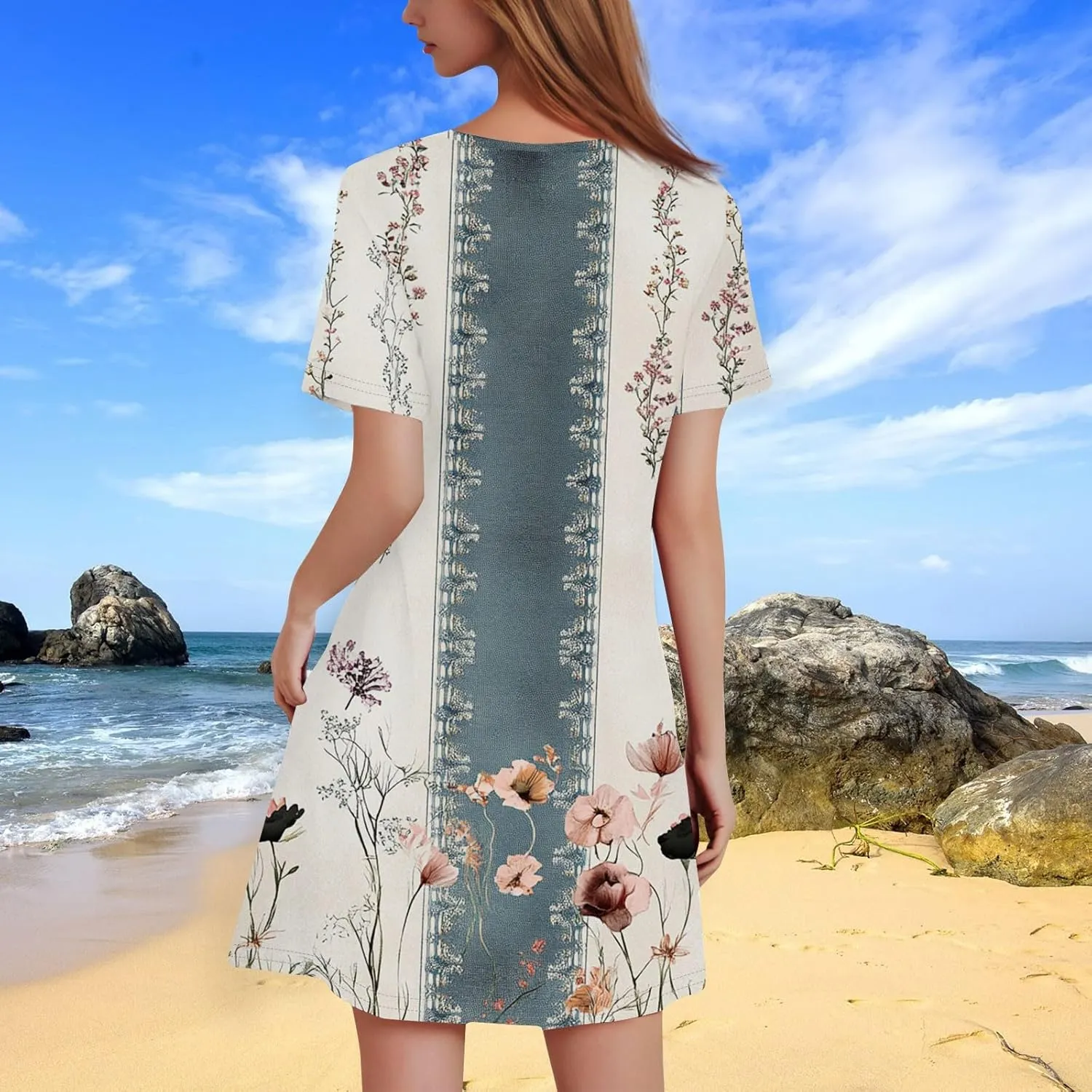 Summer Dresses for Women 2025 Flowy Beach Mini Dress Casual Short Sleeve T Shirt Dress Floral Loose A-Line Dresses