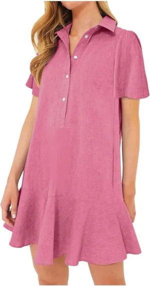 Summer Dresses for Women 2025 Loose Fit Dress Short Sleeve Collared Button Down Mini Dress Ruffle Hem Dresses