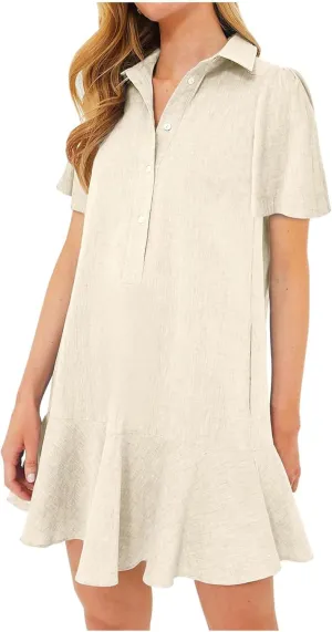 Summer Dresses for Women 2025 Loose Fit Dress Short Sleeve Collared Button Down Mini Dress Ruffle Hem Dresses