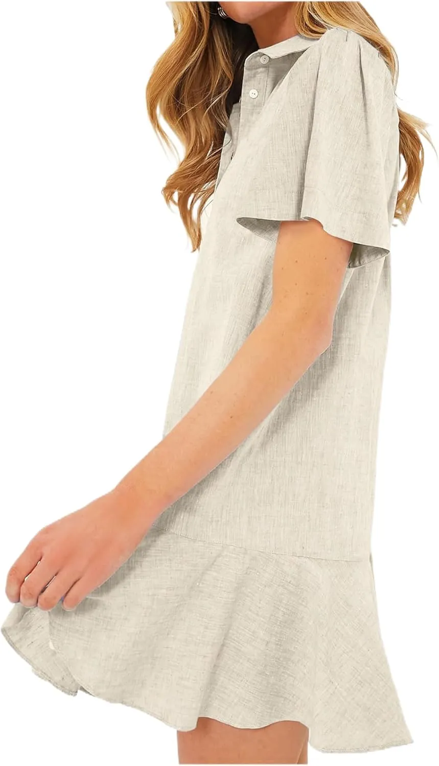Summer Dresses for Women 2025 Loose Fit Dress Short Sleeve Collared Button Down Mini Dress Ruffle Hem Dresses