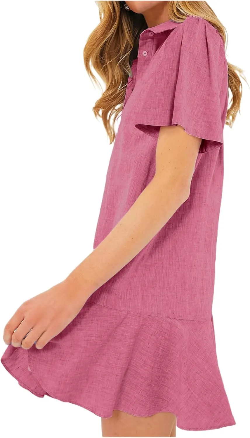 Summer Dresses for Women 2025 Loose Fit Dress Short Sleeve Collared Button Down Mini Dress Ruffle Hem Dresses