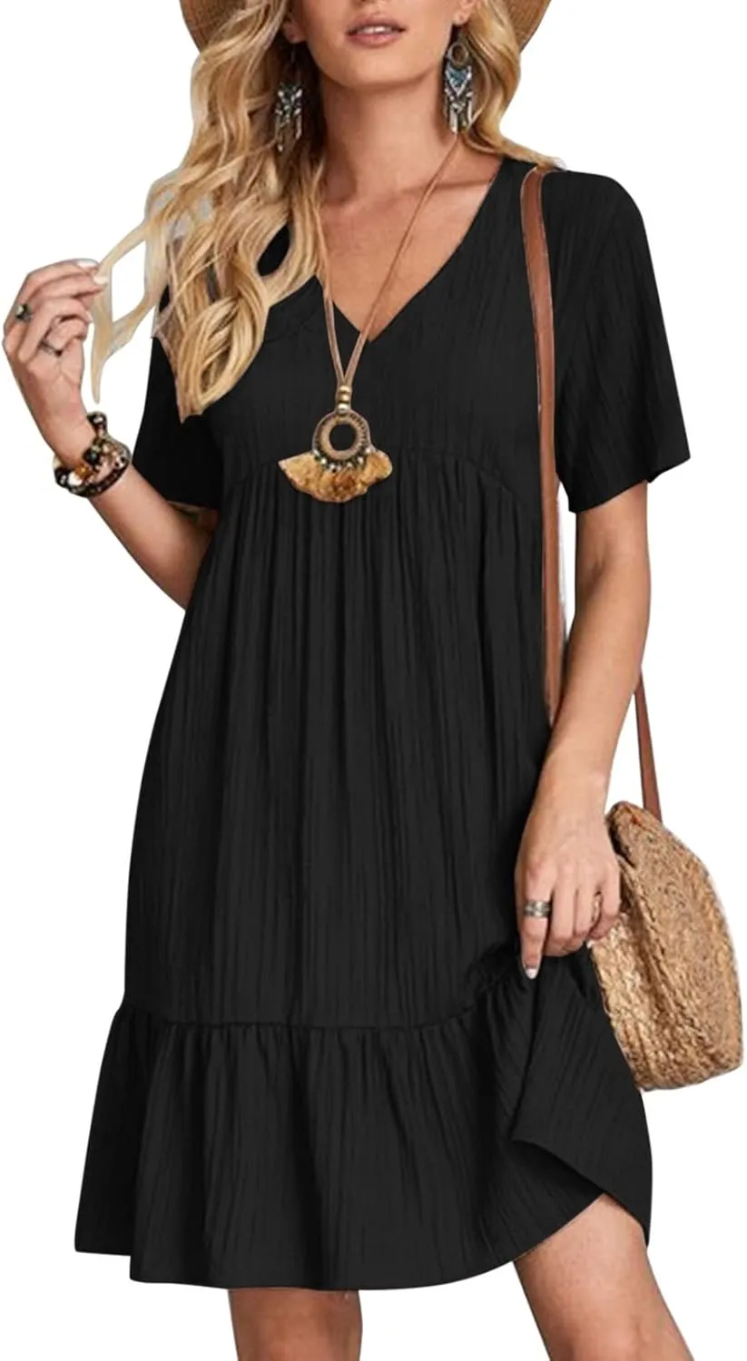 Summer Dresses for Women 2025 Loose V Neck Short Sleeve Casual T Shirt Dress Sundresses Swimsuit Coverup with Pockets